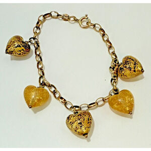 Vintage 1980s Ma Brand Peru 14K GF 925 Murano Glass Heart Dangle Bracelet 7"